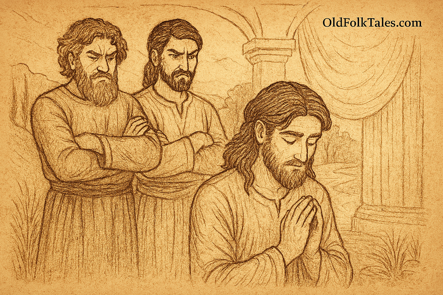 Parchment-style illustration of West African prince kneeling as jealous brothers glare behind him in palace hall.