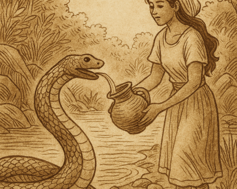 Parchment-style illustration of kind West African girl offering water to emerald snake at riverbank with calabash.