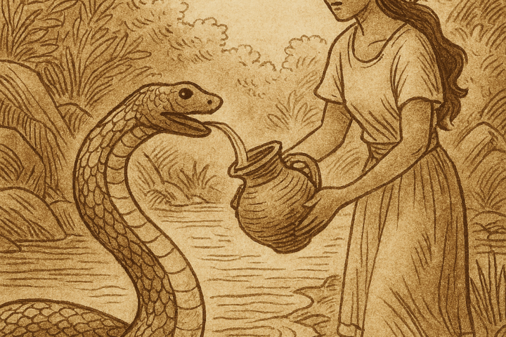 Parchment-style illustration of kind West African girl offering water to emerald snake at riverbank with calabash.