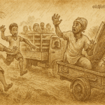 Parchment-style illustration of West African conductor emerging from coffin in candonga truck as terrified passengers leap off.