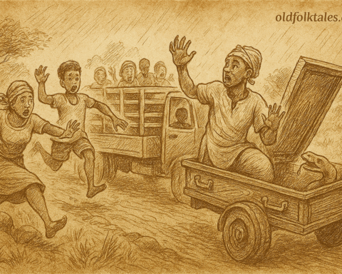 Parchment-style illustration of West African conductor emerging from coffin in candonga truck as terrified passengers leap off.