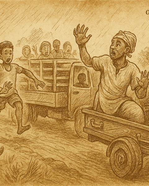 Parchment-style illustration of West African conductor emerging from coffin in candonga truck as terrified passengers leap off.