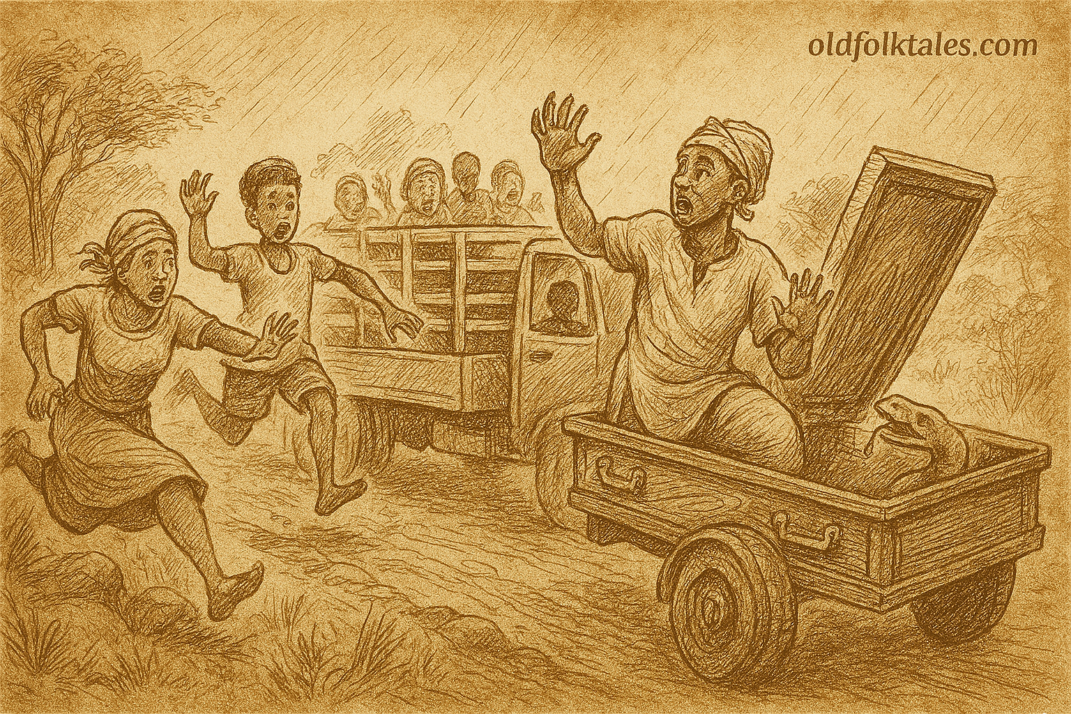 Parchment-style illustration of West African conductor emerging from coffin in candonga truck as terrified passengers leap off.