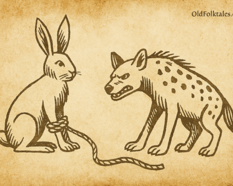 Parchment-style illustration of West African hare tricking hyena into being tied up in bean garden.