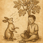 Parchment-style illustration of Cape Verdean hare singing to boy beneath fig tree, casting spell with sweet melody.