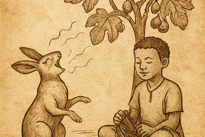 Parchment-style illustration of Cape Verdean hare singing to boy beneath fig tree, casting spell with sweet melody.