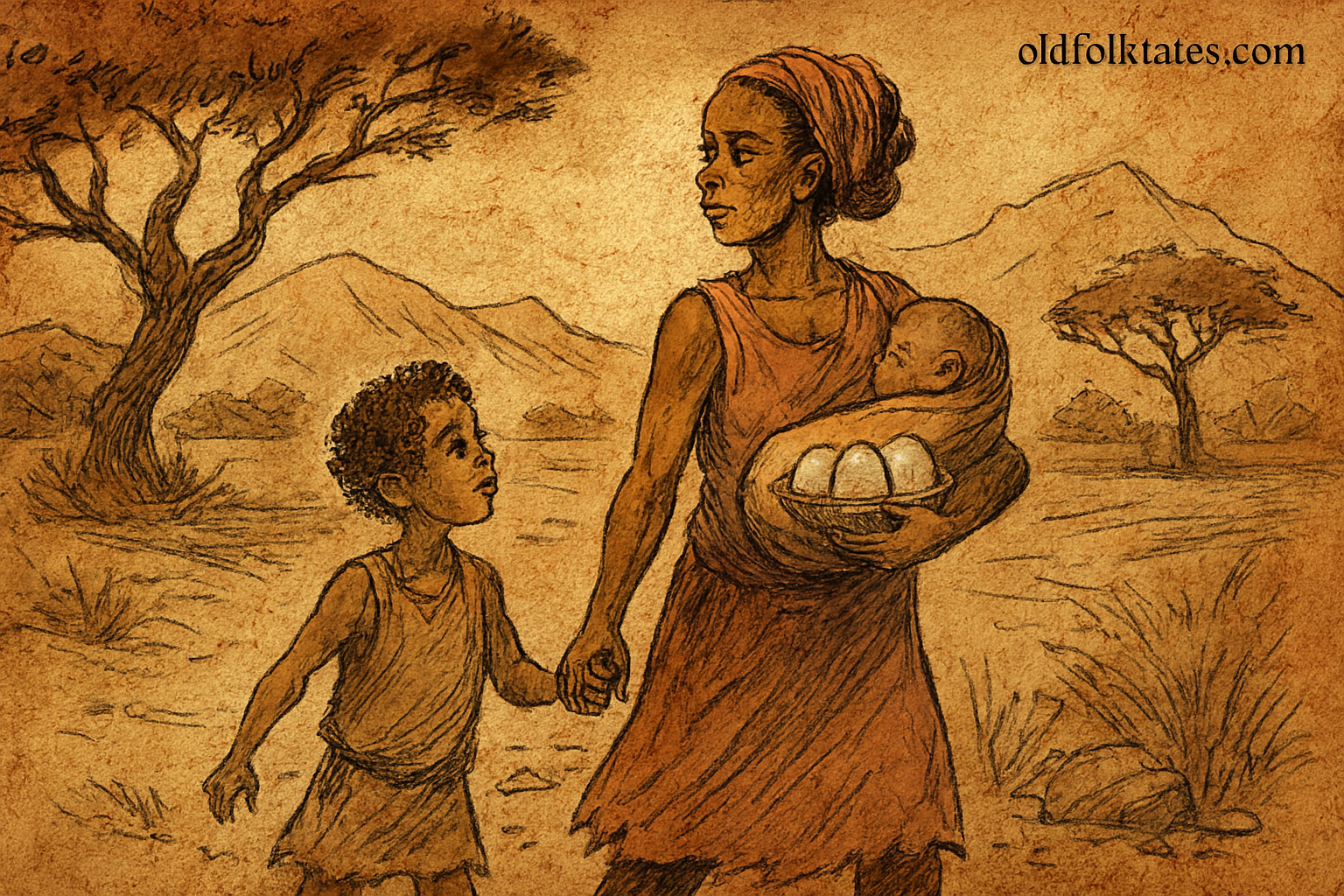 The Three Whispering Eggs | FolktalesAfrica.com Parchment-style illustration of West African mother carrying children and three glowing eggs through savanna wilderness.