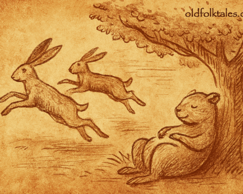 Parchment-style illustration of Swazi rock rabbit lounging under tree while hares leap toward tail-giving ceremony.