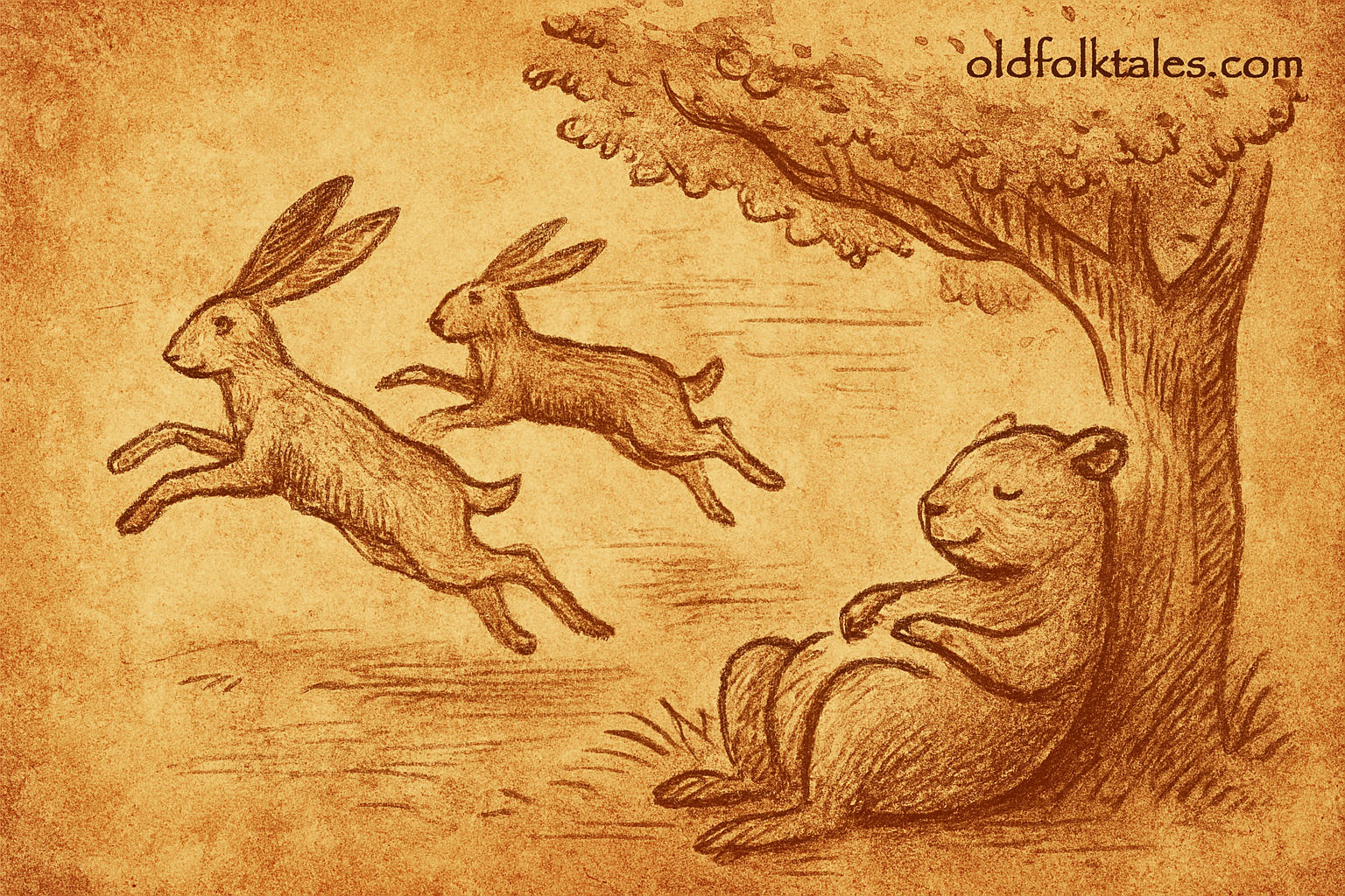 Parchment-style illustration of Swazi rock rabbit lounging under tree while hares leap toward tail-giving ceremony.
