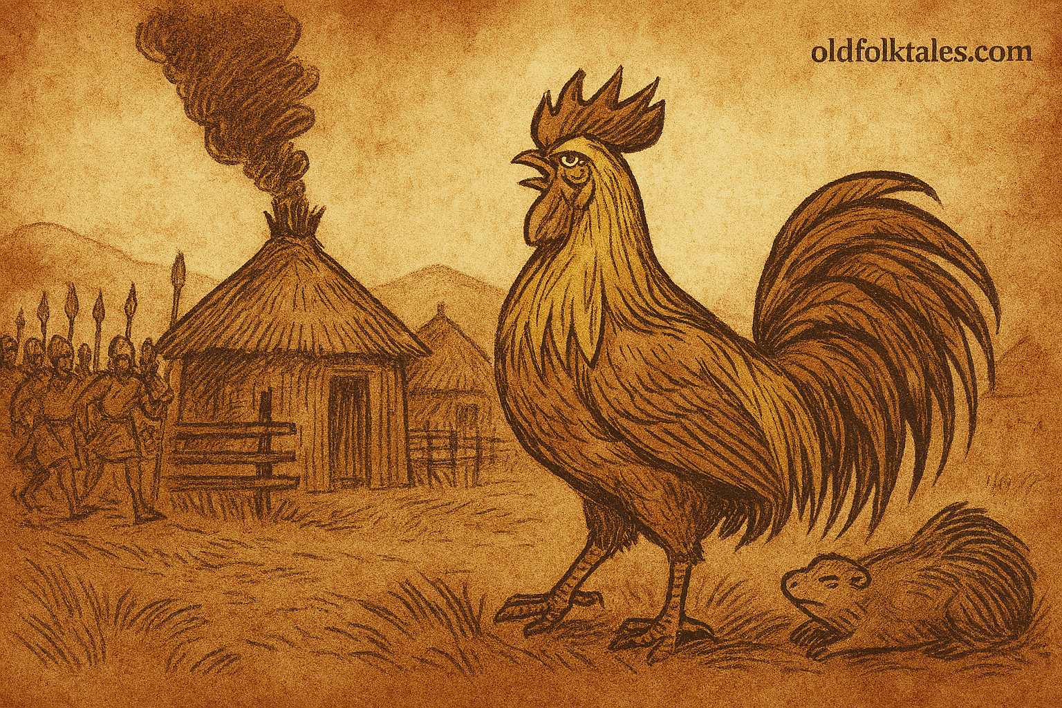 Parchment-style illustration of African golden rooster summoning fowls to defend enchanted city from invading soldiers.