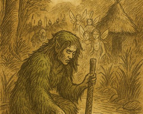 Parchment-style illustration of Swazi princess Kitila bathing as fairies reveal her true beauty beneath cursed moss skin.