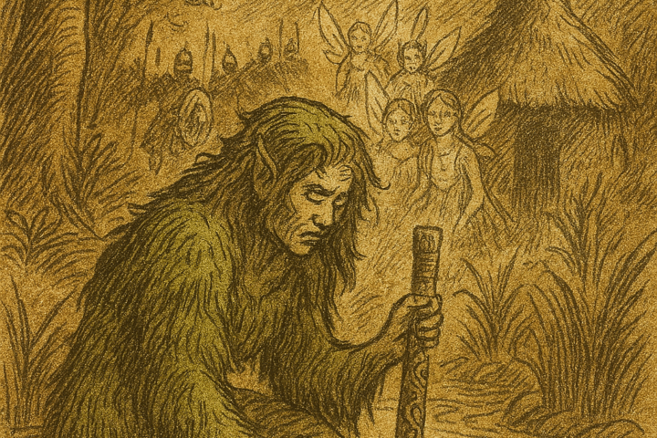 Parchment-style illustration of Swazi princess Kitila bathing as fairies reveal her true beauty beneath cursed moss skin.