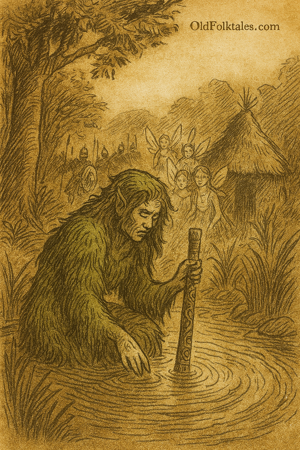 Parchment-style illustration of Swazi princess Kitila bathing as fairies reveal her true beauty beneath cursed moss skin.