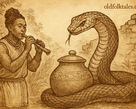 Parchment-style illustration of Ugandan peasant Waswa playing pipe as giant snake coils into enchanted water-pot.