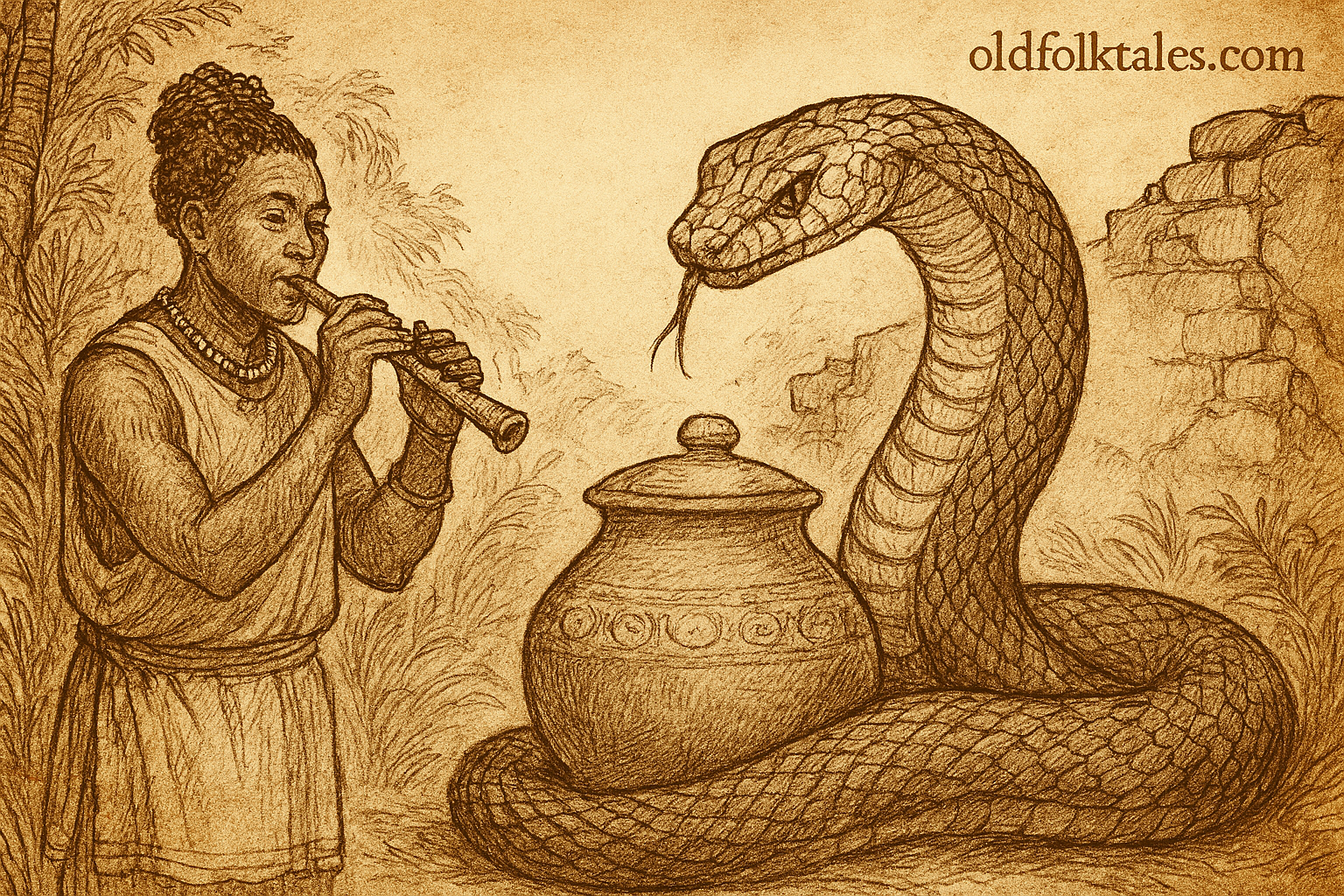 Parchment-style illustration of Ugandan peasant Waswa playing pipe as giant snake coils into enchanted water-pot.