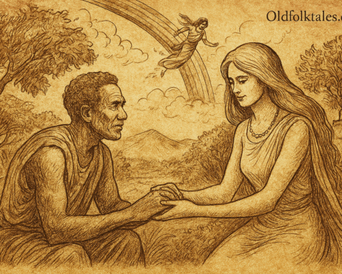 Parchment-style illustration of Ugandan legend showing Nambi meeting Kintu beneath fig tree as rainbow descends.