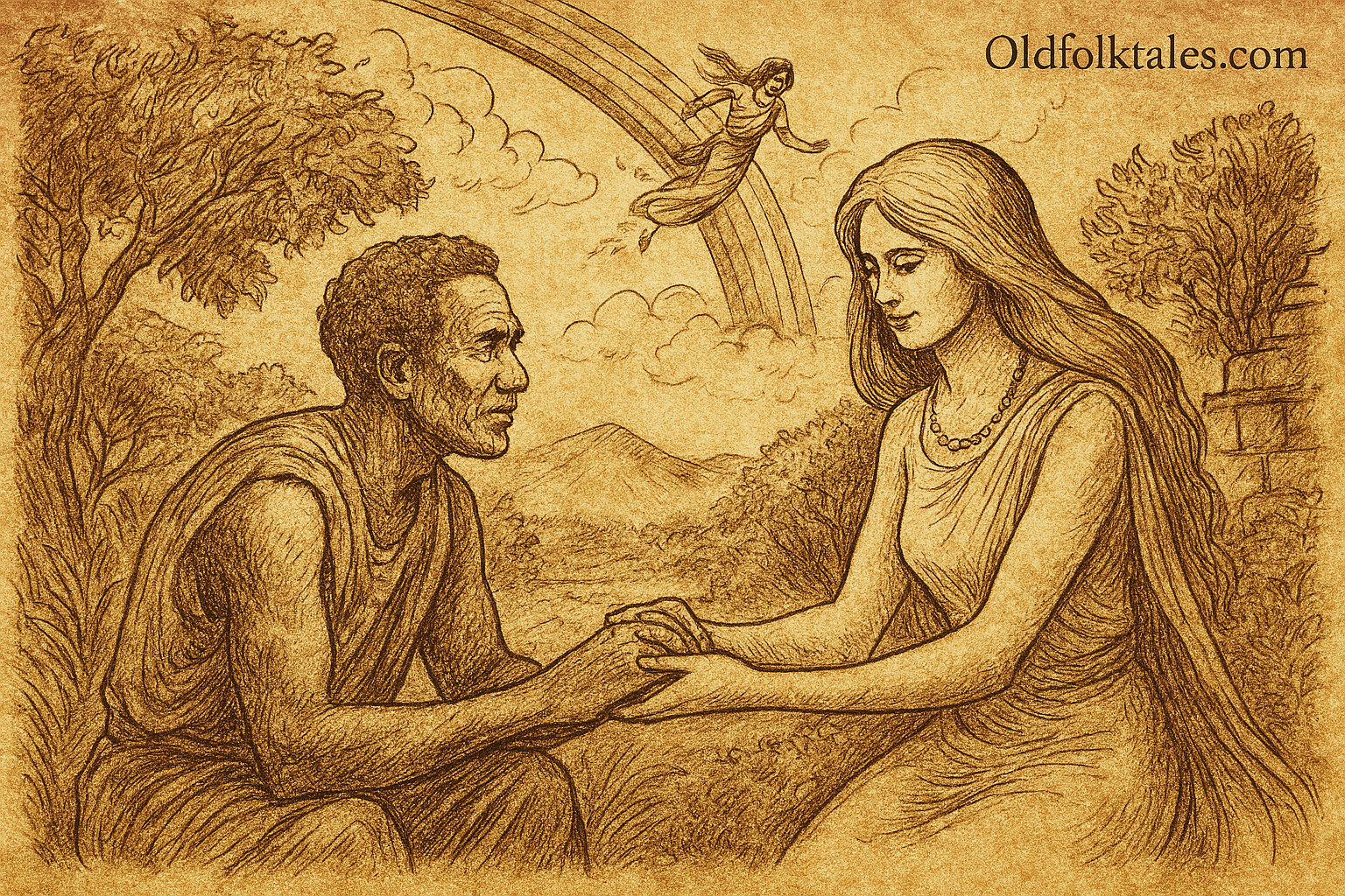 Parchment-style illustration of Ugandan legend showing Nambi meeting Kintu beneath fig tree as rainbow descends.