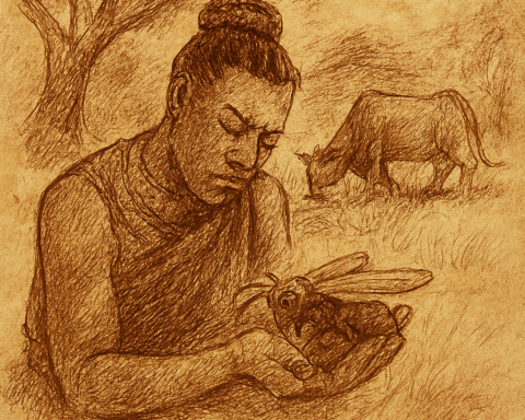 Parchment-style illustration of Ugandan hero Kintu and magical bee finding lost cow in wizard’s mountain herd.