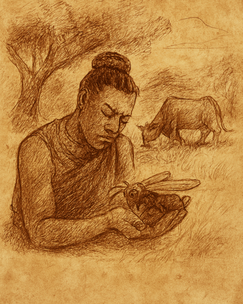 Parchment-style illustration of Ugandan hero Kintu and magical bee finding lost cow in wizard’s mountain herd.