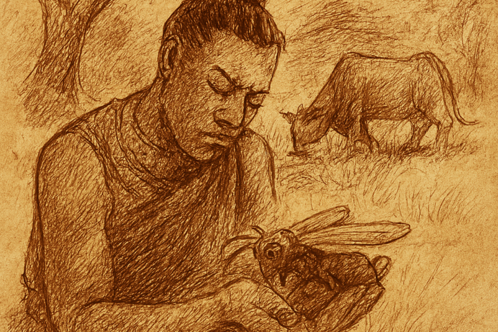 Parchment-style illustration of Ugandan hero Kintu and magical bee finding lost cow in wizard’s mountain herd.