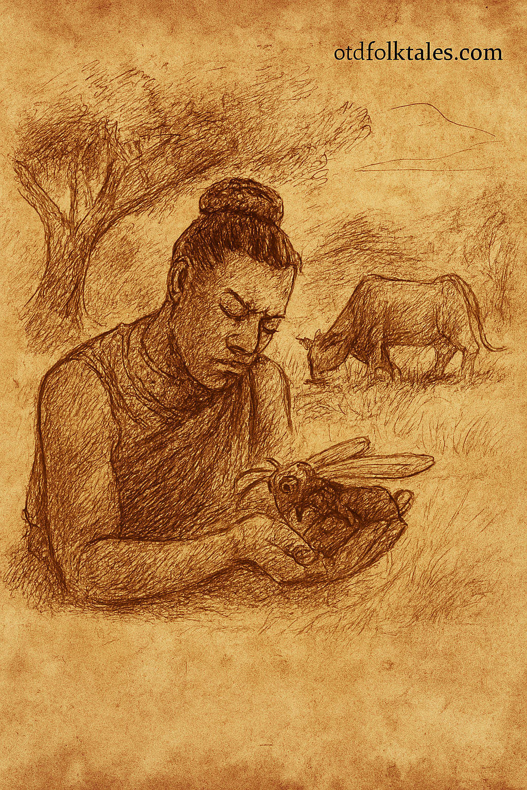Parchment-style illustration of Ugandan hero Kintu and magical bee finding lost cow in wizard’s mountain herd.