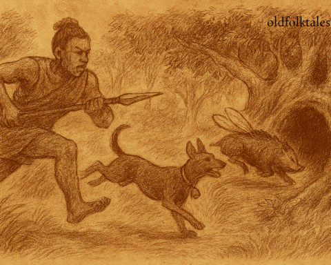 Parchment-style illustration of Ugandan hunter Mpobe chasing dog and musu into forest cave toward underground realm.