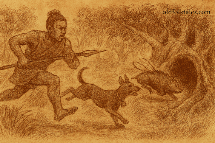 Parchment-style illustration of Ugandan hunter Mpobe chasing dog and musu into forest cave toward underground realm.