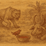 Parchment-style illustration of Ugandan red bird Kasanke confronting lioness to protect cow hiding in bushes.