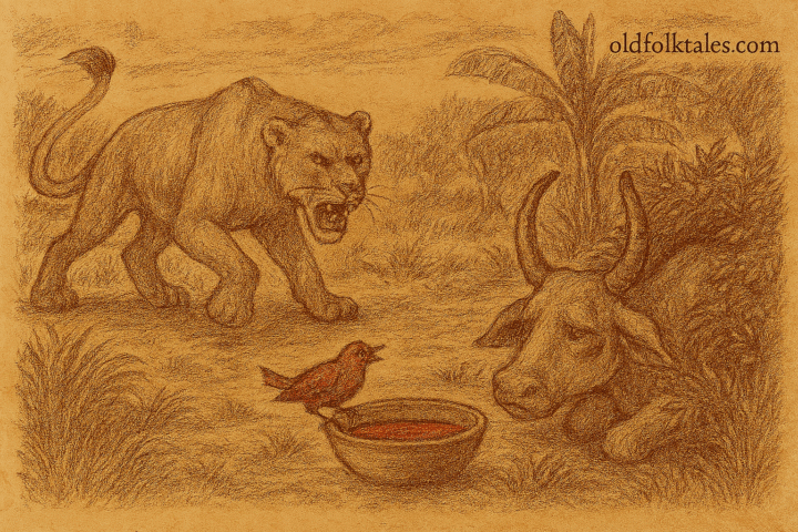 Parchment-style illustration of Ugandan red bird Kasanke confronting lioness to protect cow hiding in bushes.