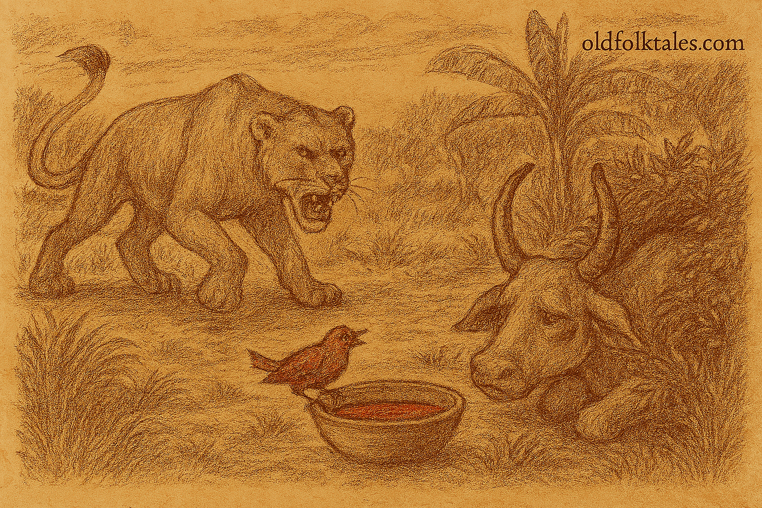 Parchment-style illustration of Ugandan red bird Kasanke confronting lioness to protect cow hiding in bushes.