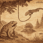 Parchment-style illustration of Ugandan frog with tail and lizard lowering rope from cedar tree above pond.