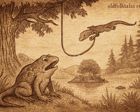 Parchment-style illustration of Ugandan frog with tail and lizard lowering rope from cedar tree above pond.