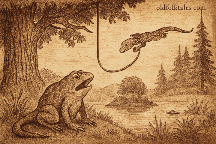 Parchment-style illustration of Ugandan frog with tail and lizard lowering rope from cedar tree above pond.
