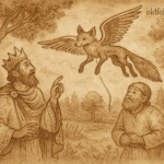 Parchment-style illustration of Ugandan king and dwarf watching winged fairy fox fly through moonlit forest canopy.