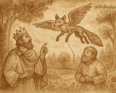 Parchment-style illustration of Ugandan king and dwarf watching winged fairy fox fly through moonlit forest canopy.