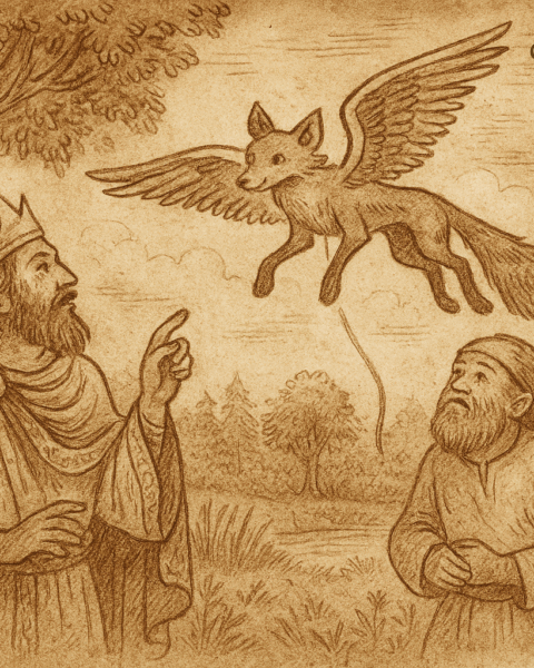 Parchment-style illustration of Ugandan king and dwarf watching winged fairy fox fly through moonlit forest canopy.