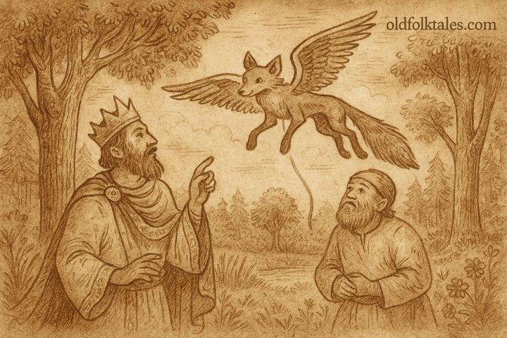 Parchment-style illustration of Ugandan king and dwarf watching winged fairy fox fly through moonlit forest canopy.