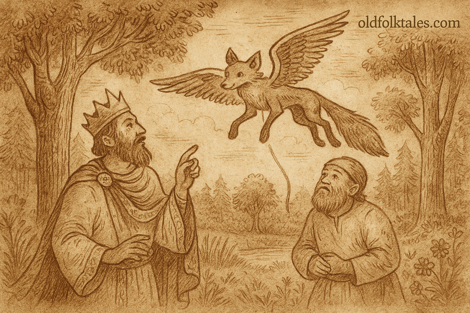 Parchment-style illustration of Ugandan king and dwarf watching winged fairy fox fly through moonlit forest canopy.
