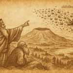 Parchment-style illustration of Ugandan mountain wizard summoning hornet as locust swarm approaches Mount Elgon.