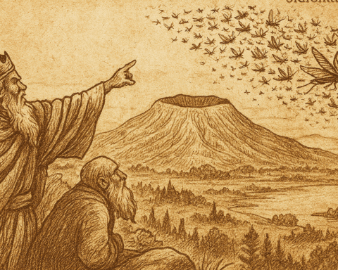 Parchment-style illustration of Ugandan mountain wizard summoning hornet as locust swarm approaches Mount Elgon.