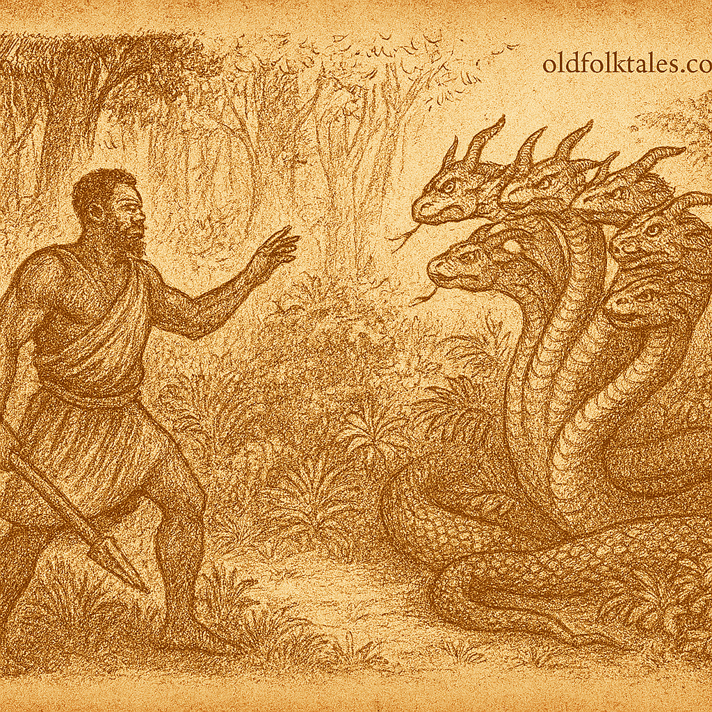 Parchment-style illustration of Ugandan hero Kibate meeting seven-headed serpent in forest, receiving ancient prophecy