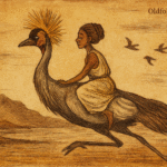 Parchment-style illustration of Ugandan princess riding golden-crested crane over Great Lake toward distant islands.