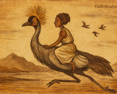 Parchment-style illustration of Ugandan princess riding golden-crested crane over Great Lake toward distant islands.