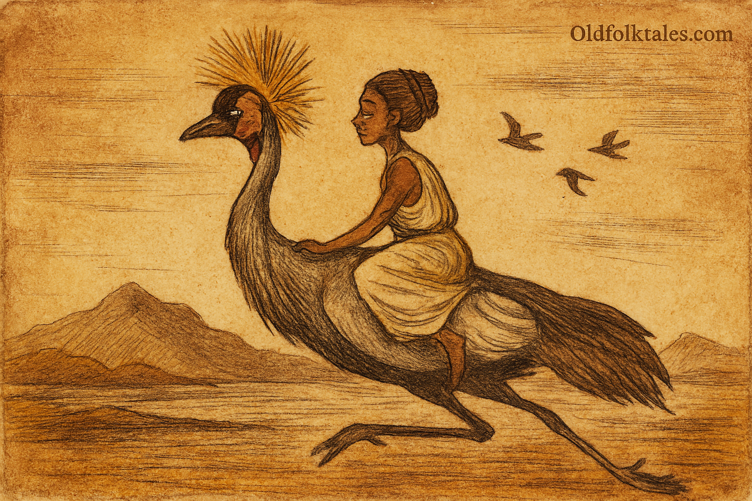 Parchment-style illustration of Ugandan princess riding golden-crested crane over Great Lake toward distant islands.