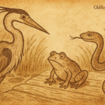 Parchment-style African folktale illustration of heron catching snake as frog watches on swamp bridge.