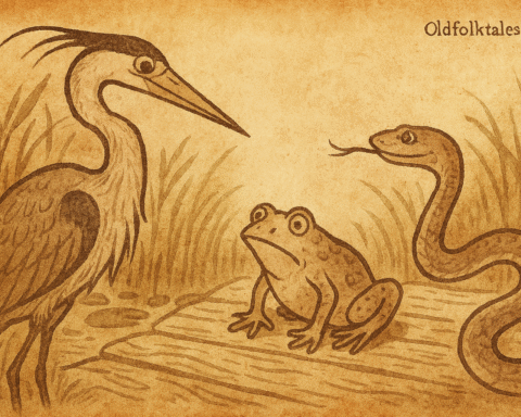 Parchment-style African folktale illustration of heron catching snake as frog watches on swamp bridge.