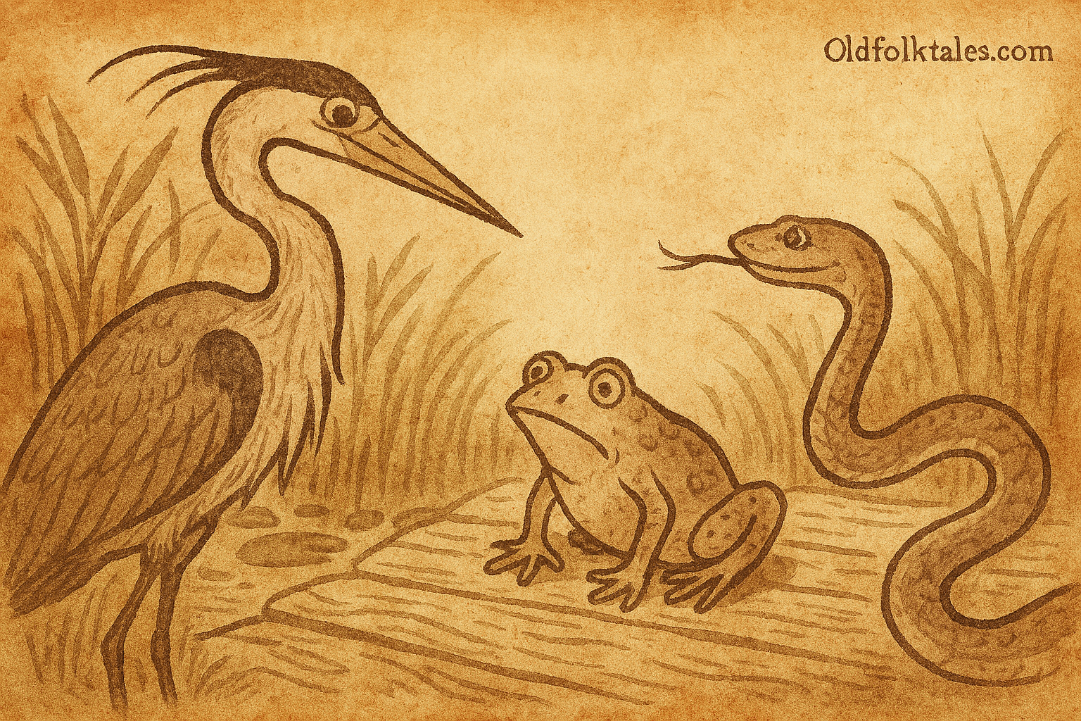 Parchment-style African folktale illustration of heron catching snake as frog watches on swamp bridge.