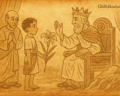 Parchment-style Ugandan folktale illustration of prince offering crimson lily to king in royal palace.