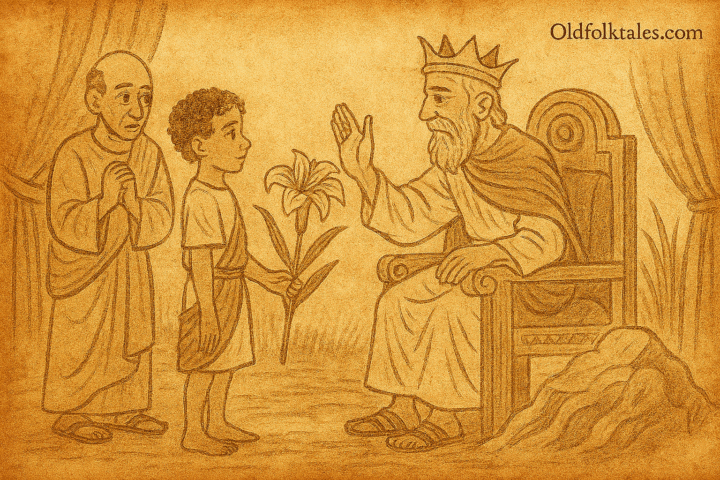 Parchment-style Ugandan folktale illustration of prince offering crimson lily to king in royal palace.