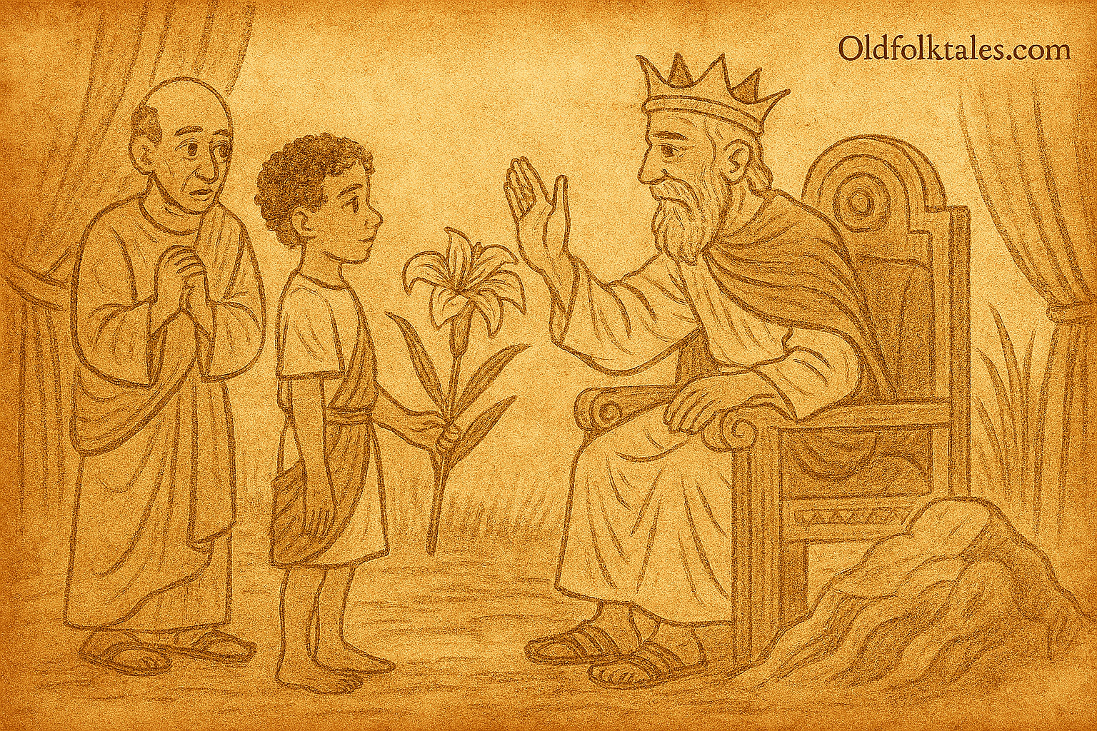 The Crimson-Striped Lily | FolktalesAfrica.com Parchment-style Ugandan folktale illustration of prince offering crimson lily to king in royal palace.